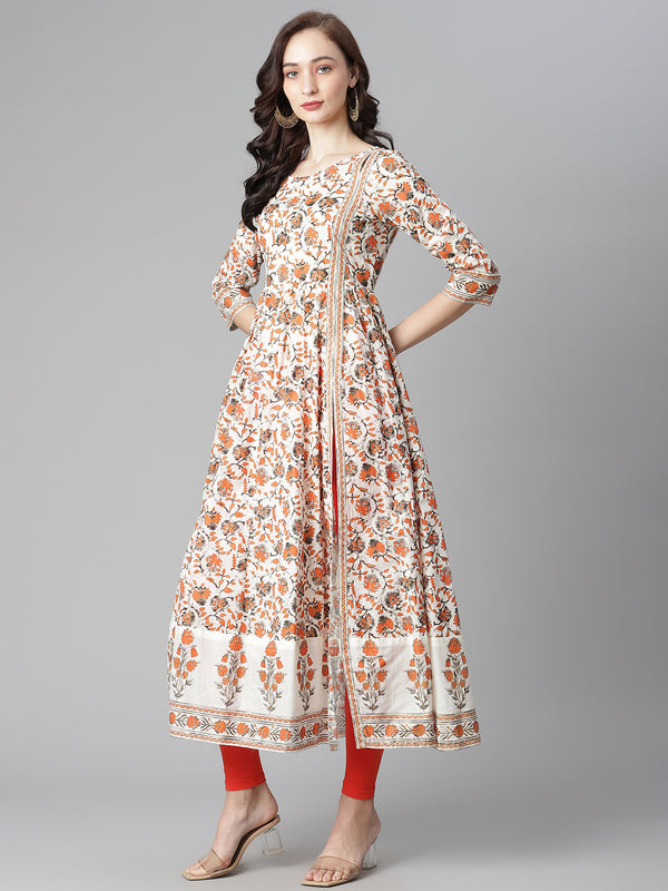 Poshak Hub Women Off White Cotton Printed Anarkali Kurta.