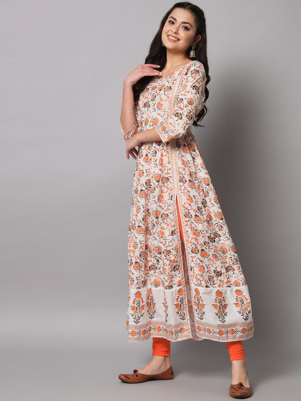 Poshak Hub Women Off White Cotton Printed Anarkali Kurta.