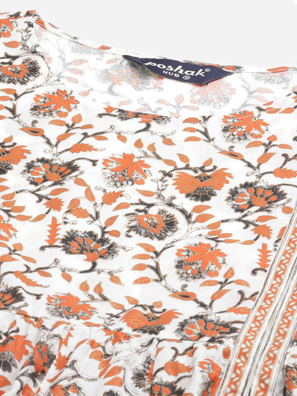Poshak Hub Women Off White Cotton Printed Anarkali Kurta.