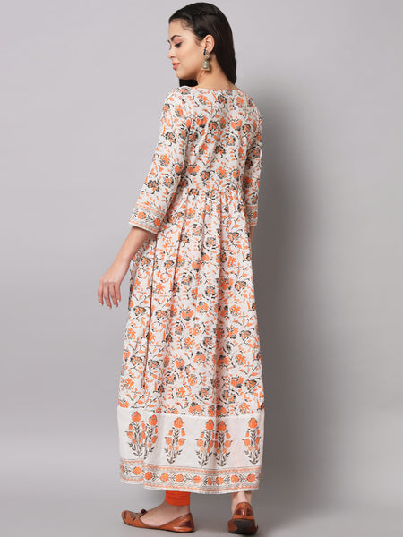 Poshak Hub Women Off White Cotton Printed Anarkali Kurta.