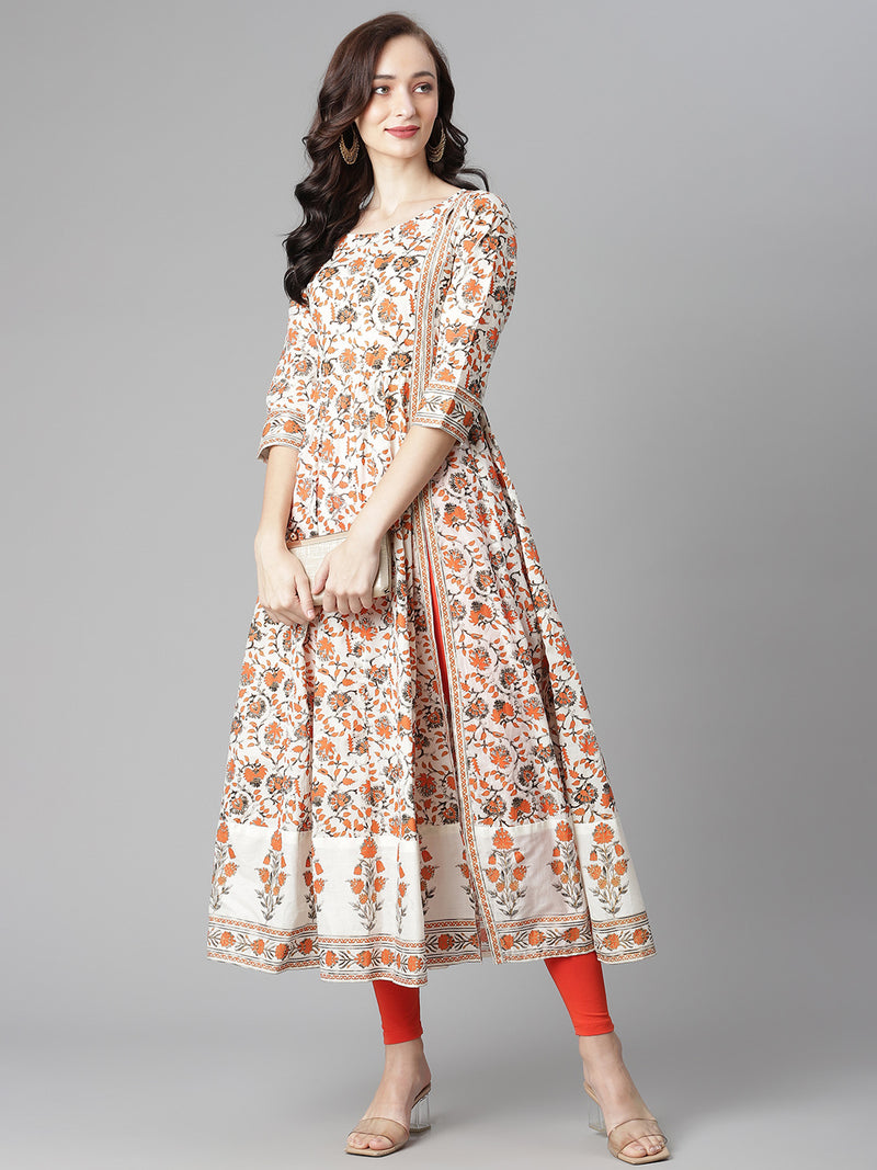 Poshak Hub Women Off White Cotton Printed Anarkali Kurta.