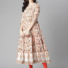 Poshak Hub Women Off White Cotton Printed Anarkali Kurta.