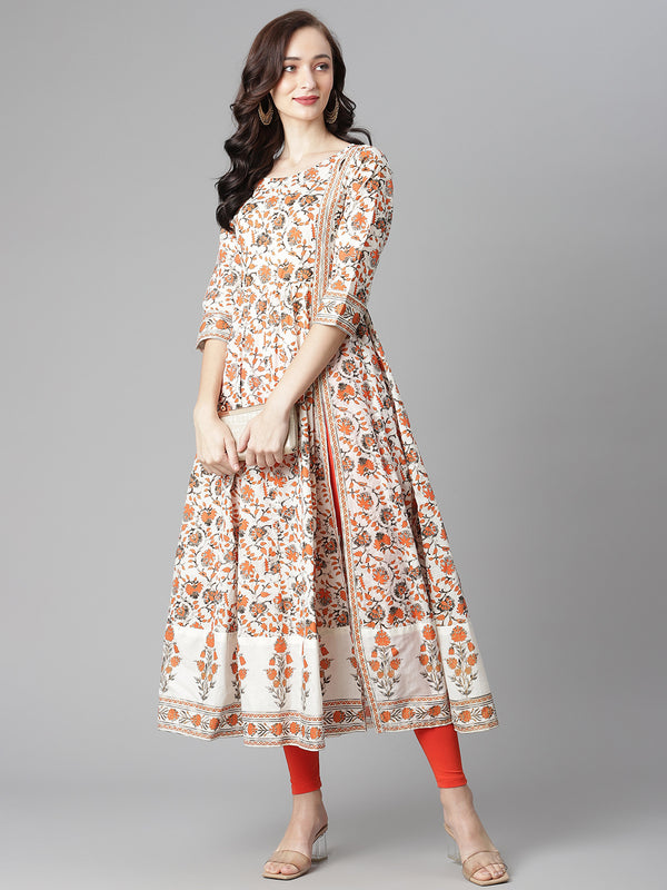 Poshak Hub Women Off White Cotton Printed Anarkali Kurta.