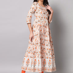 Poshak Hub Women Off White Cotton Printed Anarkali Kurta.