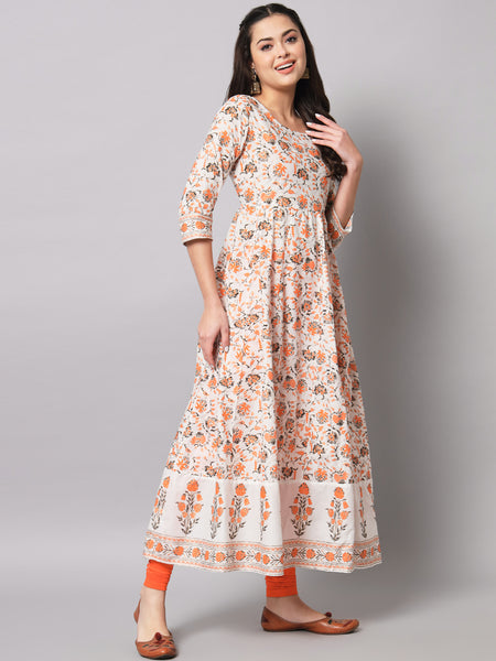 Poshak Hub Women Off White Cotton Printed Anarkali Kurta.