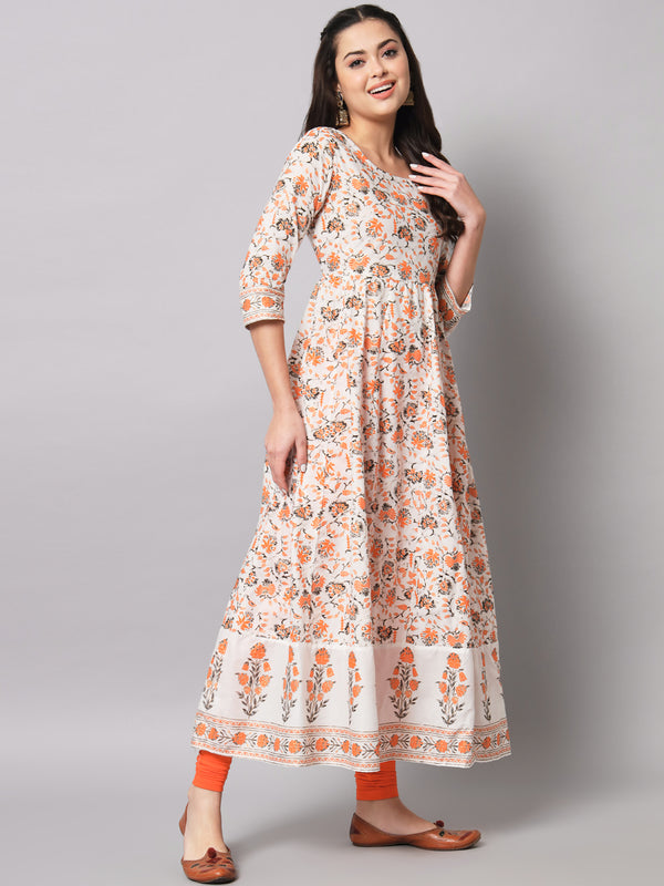Poshak Hub Women Off White Cotton Printed Anarkali Kurta.