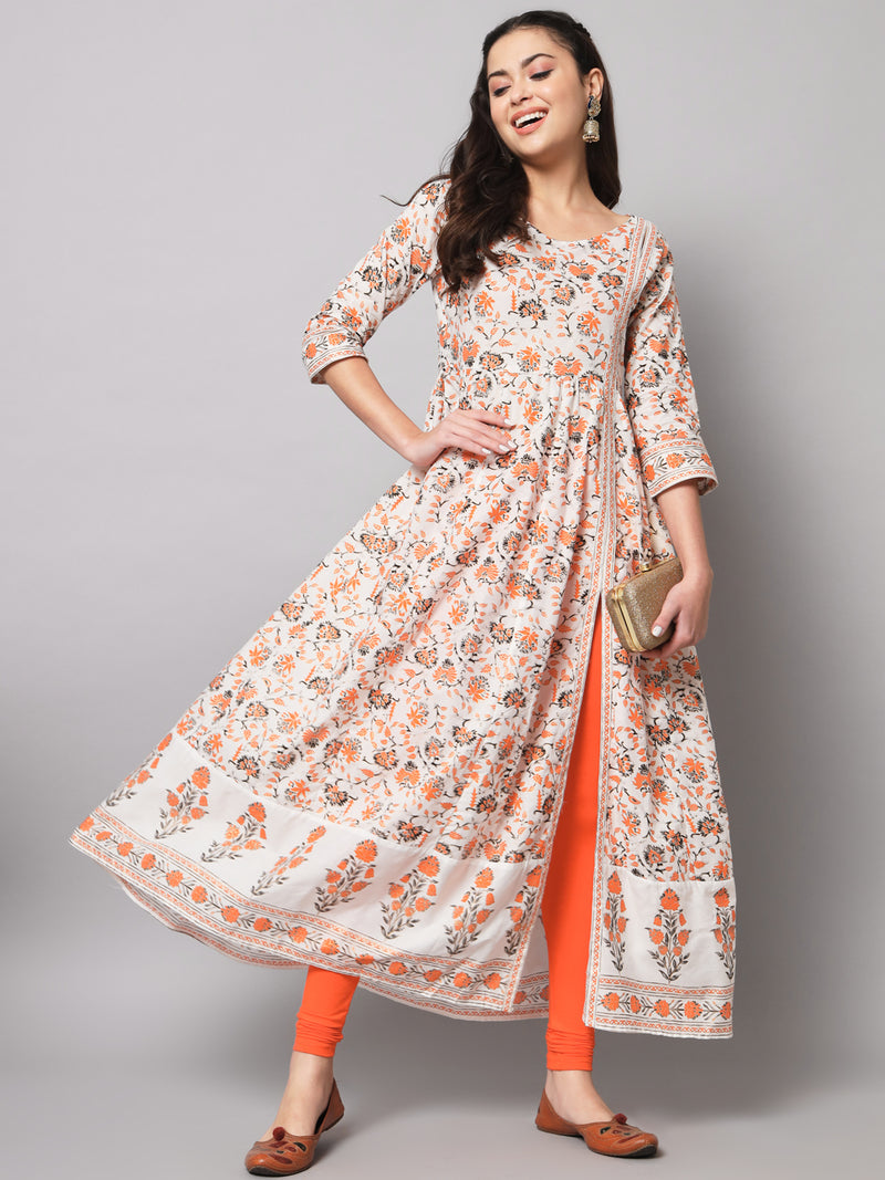 Poshak Hub Women Off White Cotton Printed Anarkali Kurta.