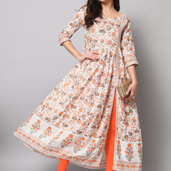 Poshak Hub Women Off White Cotton Printed Anarkali Kurta.