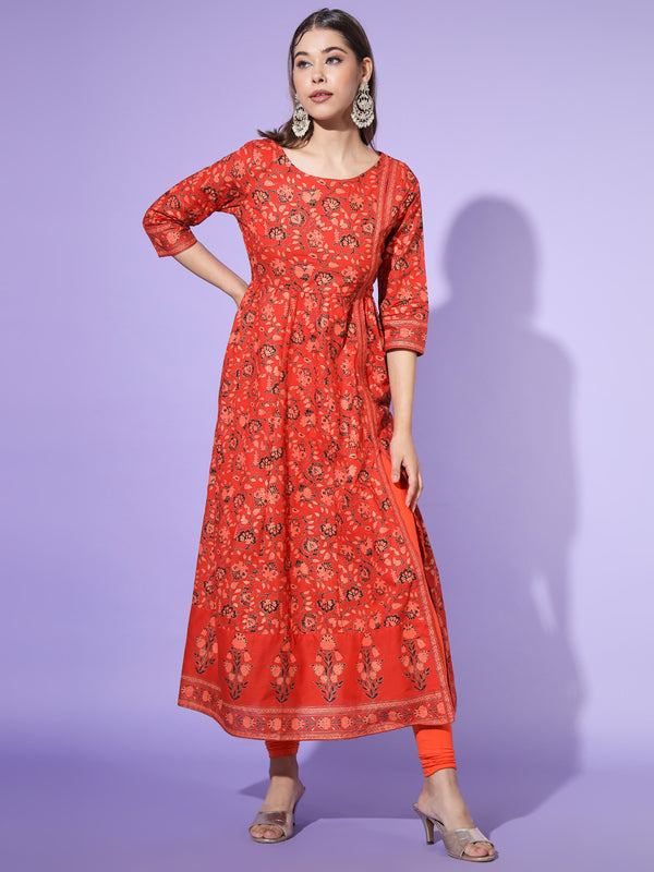 Poshak Hub Women Red Cotton Printed Anarkali Kurta.
