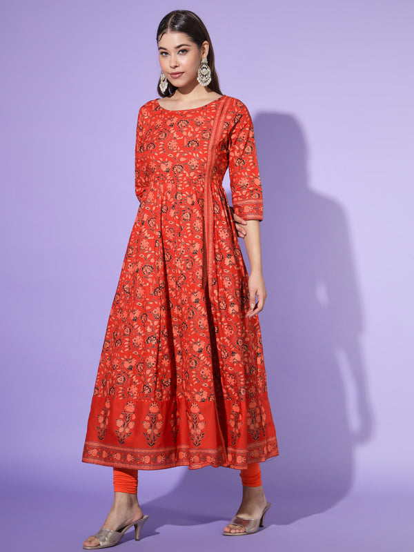 Poshak Hub Women Red Cotton Printed Anarkali Kurta.