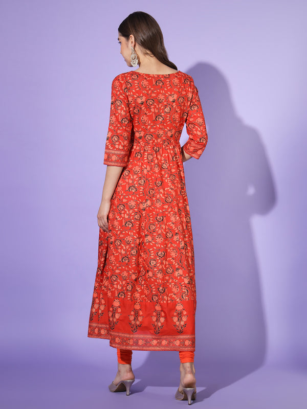 Poshak Hub Women Red Cotton Printed Anarkali Kurta.