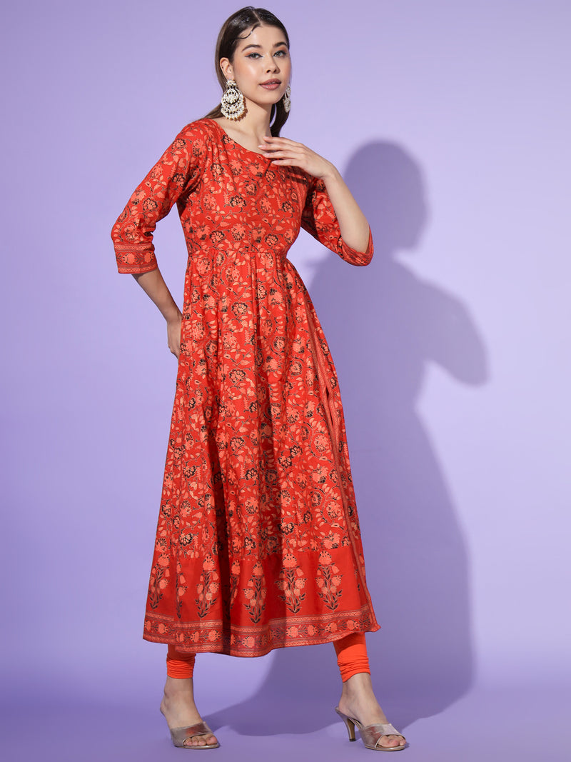 Poshak Hub Women Black Cotton Printed Anarkali Kurta.