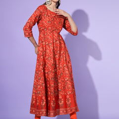 Poshak Hub Women Black Cotton Printed Anarkali Kurta.