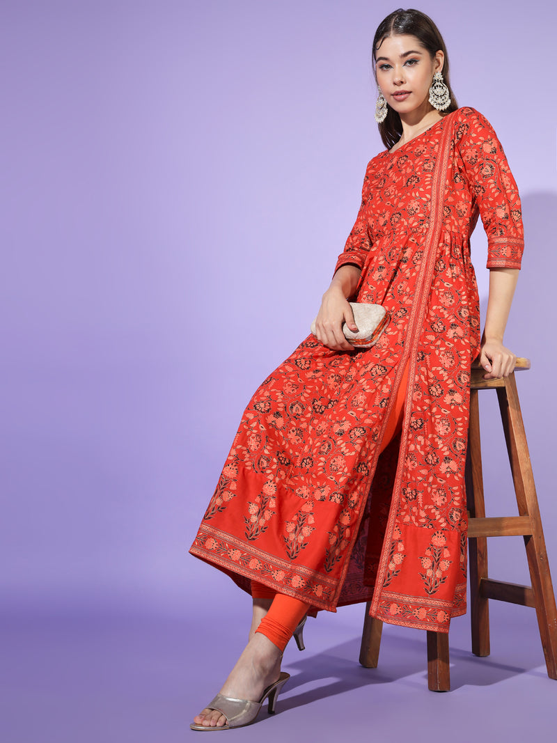 Poshak Hub Women Black Cotton Printed Anarkali Kurta.