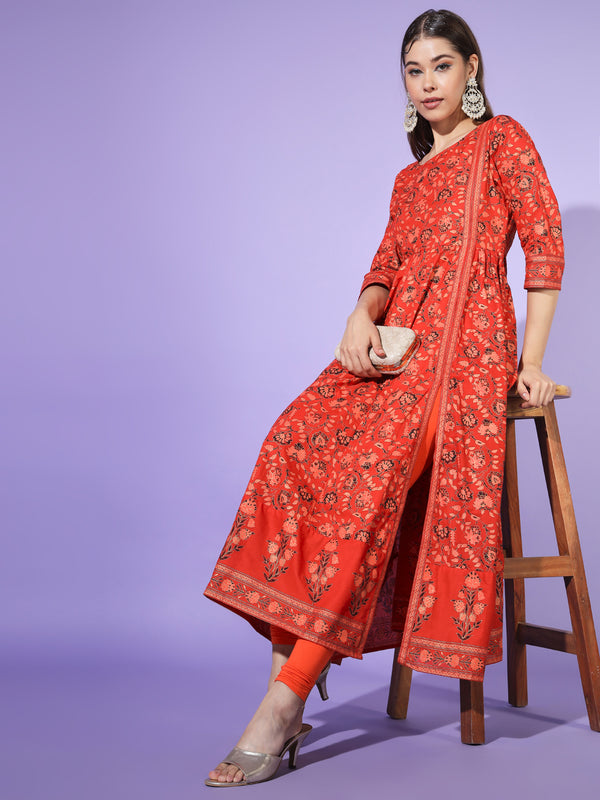 Poshak Hub Women Red Cotton Printed Anarkali Kurta.