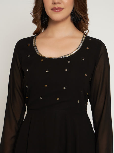 Poshak Hub Women Black Ethnic Motifs Hand Embroidery Georgette Anarkali Kurta