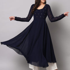 Poshak Hub Women Blue Ethnic Motifs Hand Embroidery Georgette Anarkali Kurta