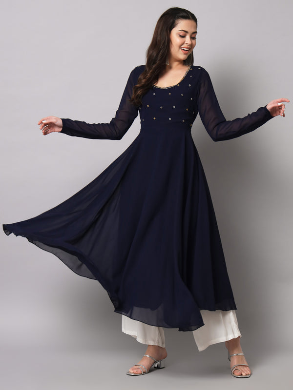 Poshak Hub Women Blue Ethnic Motifs Hand Embroidery Georgette Anarkali Kurta