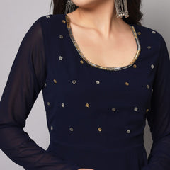 Poshak Hub Women Blue Ethnic Motifs Hand Embroidery Georgette Anarkali Kurta