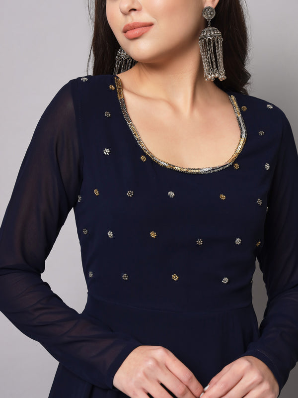 Poshak Hub Women Blue Ethnic Motifs Hand Embroidery Georgette Anarkali Kurta