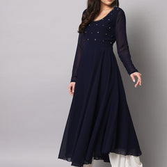 Poshak Hub Women Blue Ethnic Motifs Hand Embroidery Georgette Anarkali Kurta