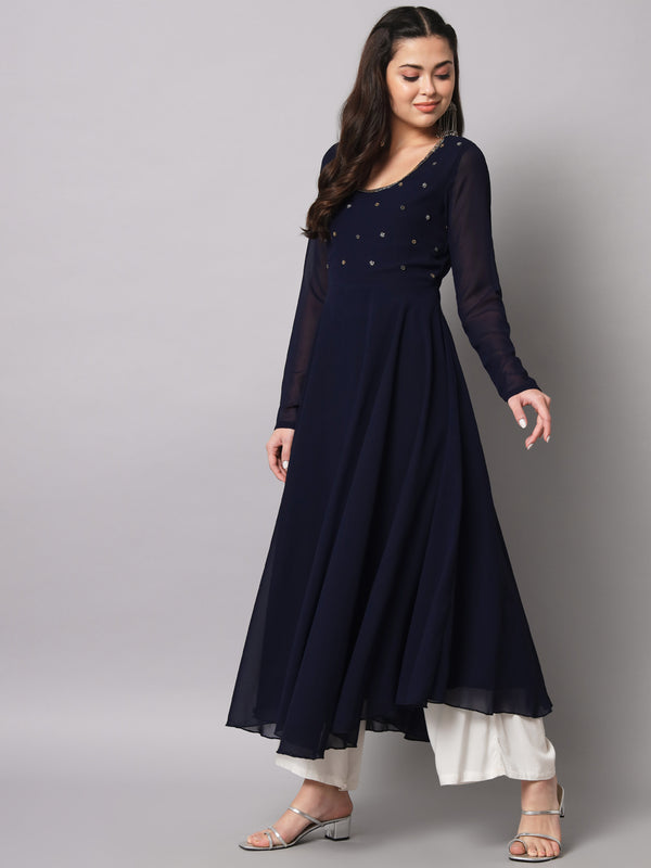 Poshak Hub Women Blue Ethnic Motifs Hand Embroidery Georgette Anarkali Kurta