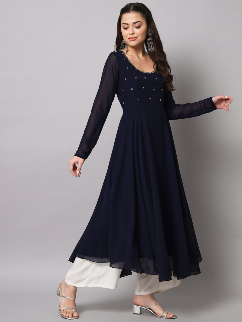 Poshak Hub Women Blue Ethnic Motifs Hand Embroidery Georgette Anarkali Kurta