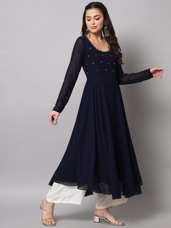 Poshak Hub Women Blue Ethnic Motifs Hand Embroidery Georgette Anarkali Kurta