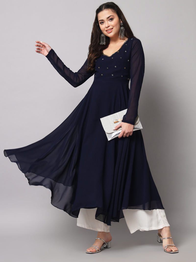 Poshak Hub Women Blue Ethnic Motifs Hand Embroidery Georgette Anarkali Kurta