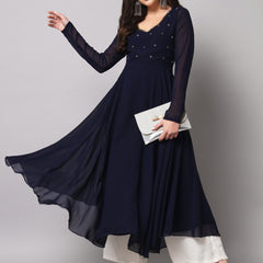Poshak Hub Women Blue Ethnic Motifs Hand Embroidery Georgette Anarkali Kurta