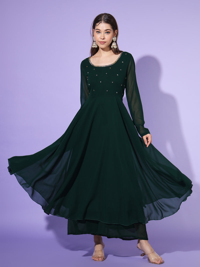 Poshak Hub Women Green Ethnic Motifs Hand Embroidery Georgette Anarkali Kurta