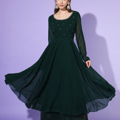 Poshak Hub Women Green Ethnic Motifs Hand Embroidery Georgette Anarkali Kurta