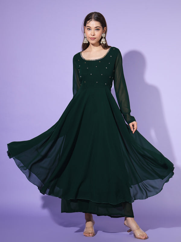 Poshak Hub Women Green Ethnic Motifs Hand Embroidery Georgette Anarkali Kurta