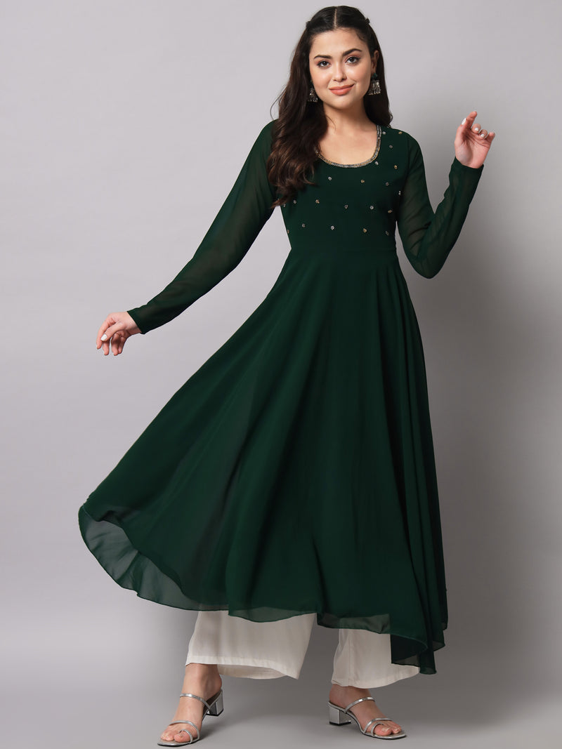 Poshak Hub Women Green Ethnic Motifs Hand Embroidery Georgette Anarkali Kurta