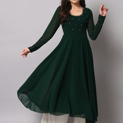 Poshak Hub Women Green Ethnic Motifs Hand Embroidery Georgette Anarkali Kurta