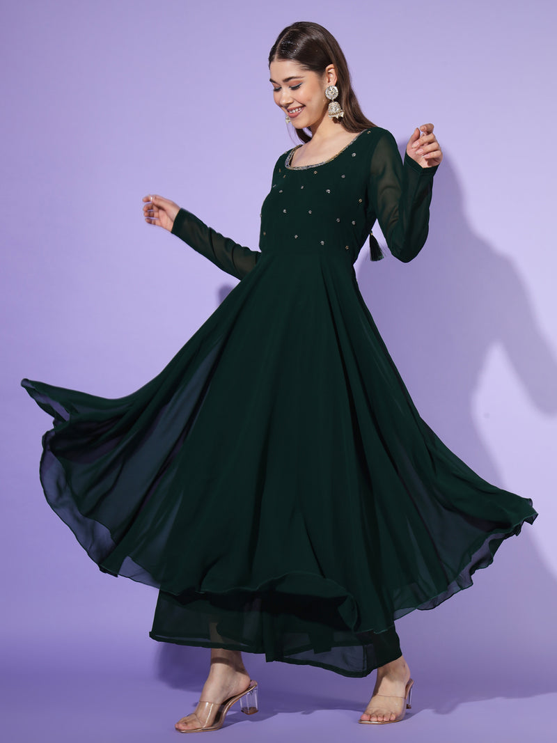 Poshak Hub Women Green Ethnic Motifs Hand Embroidery Georgette Anarkali Kurta