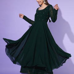 Poshak Hub Women Green Ethnic Motifs Hand Embroidery Georgette Anarkali Kurta