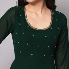 Poshak Hub Women Green Ethnic Motifs Hand Embroidery Georgette Anarkali Kurta