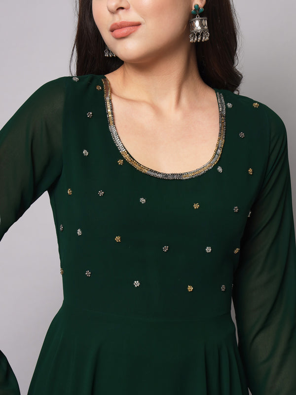 Poshak Hub Women Green Ethnic Motifs Hand Embroidery Georgette Anarkali Kurta