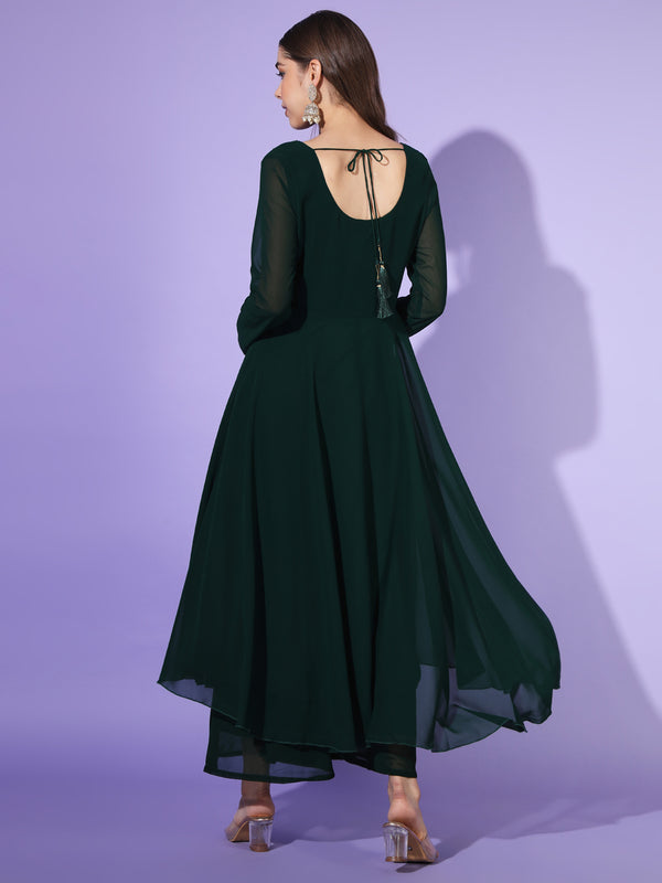 Poshak Hub Women Green Ethnic Motifs Hand Embroidery Georgette Anarkali Kurta