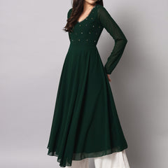Poshak Hub Women Green Ethnic Motifs Hand Embroidery Georgette Anarkali Kurta