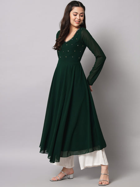 Poshak Hub Women Green Ethnic Motifs Hand Embroidery Georgette Anarkali Kurta