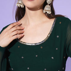 Poshak Hub Women Green Ethnic Motifs Hand Embroidery Georgette Anarkali Kurta