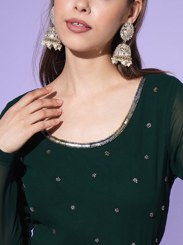 Poshak Hub Women Green Ethnic Motifs Hand Embroidery Georgette Anarkali Kurta