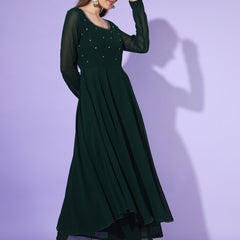 Poshak Hub Women Green Ethnic Motifs Hand Embroidery Georgette Anarkali Kurta