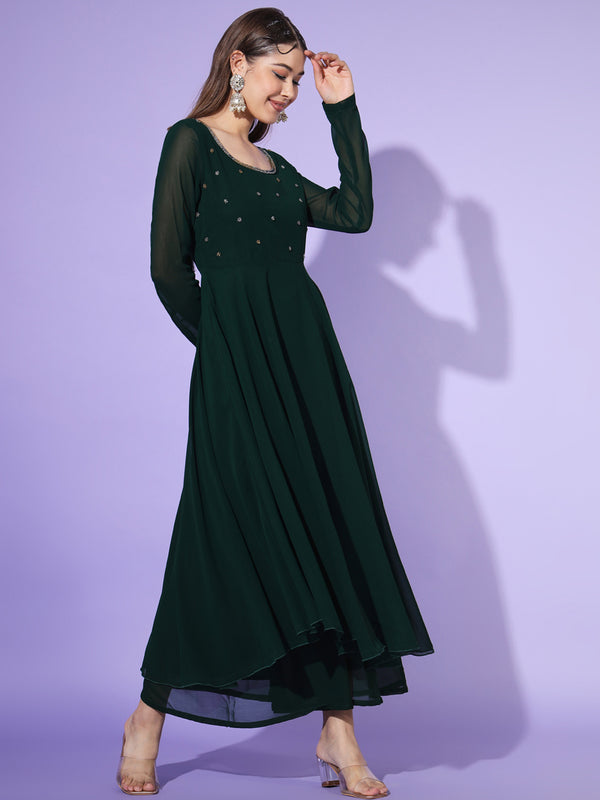 Poshak Hub Women Green Ethnic Motifs Hand Embroidery Georgette Anarkali Kurta