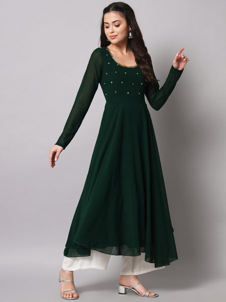 Poshak Hub Women Green Ethnic Motifs Hand Embroidery Georgette Anarkali Kurta
