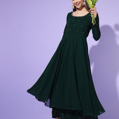 Poshak Hub Women Green Ethnic Motifs Hand Embroidery Georgette Anarkali Kurta