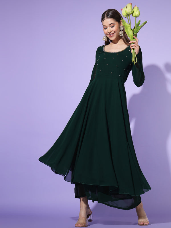 Poshak Hub Women Green Ethnic Motifs Hand Embroidery Georgette Anarkali Kurta