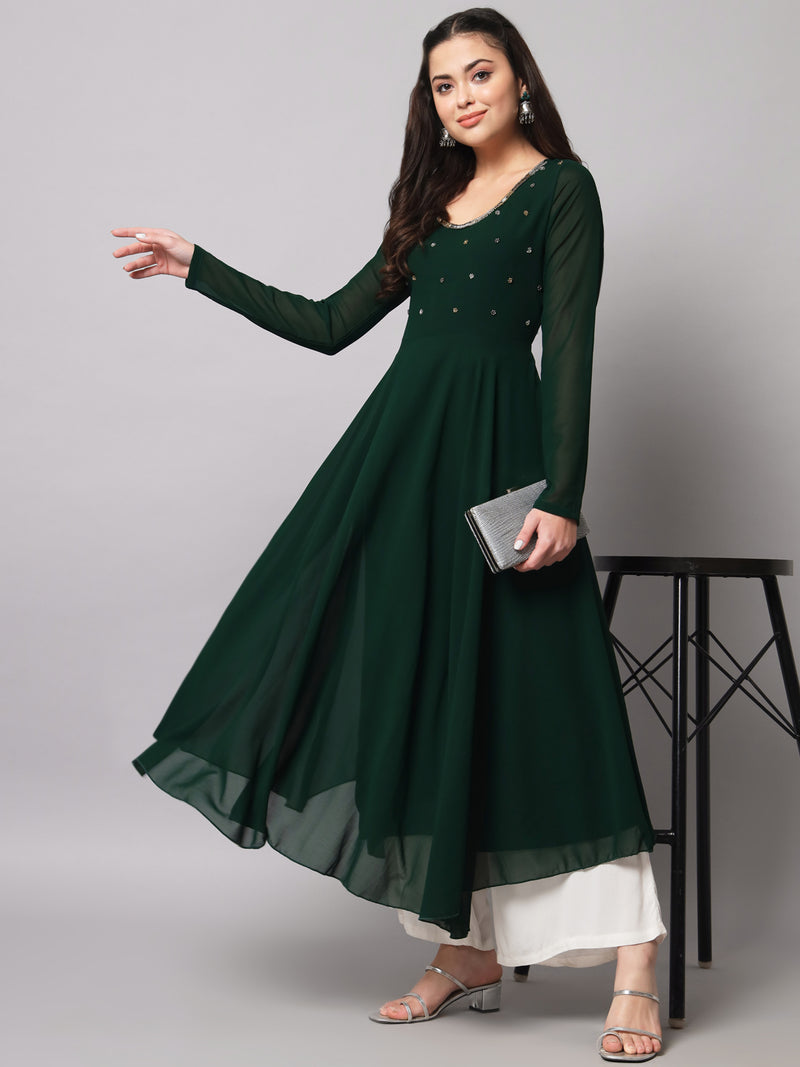 Poshak Hub Women Green Ethnic Motifs Hand Embroidery Georgette Anarkali Kurta